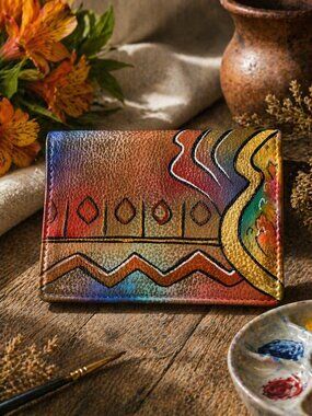 Anuschka Hand-Painted Leather Card Case Wallet - Multicolor Boho - NWOT